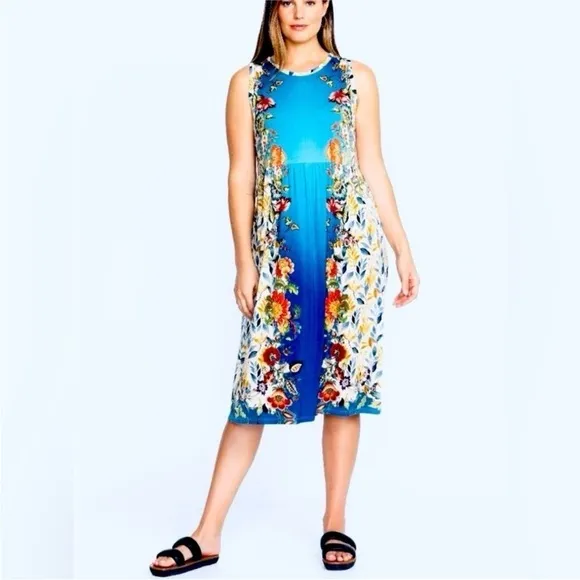 NEW Johnny Was Blu Easy Fit Tank Dress Soft Floral Ombre Blue Multicolor