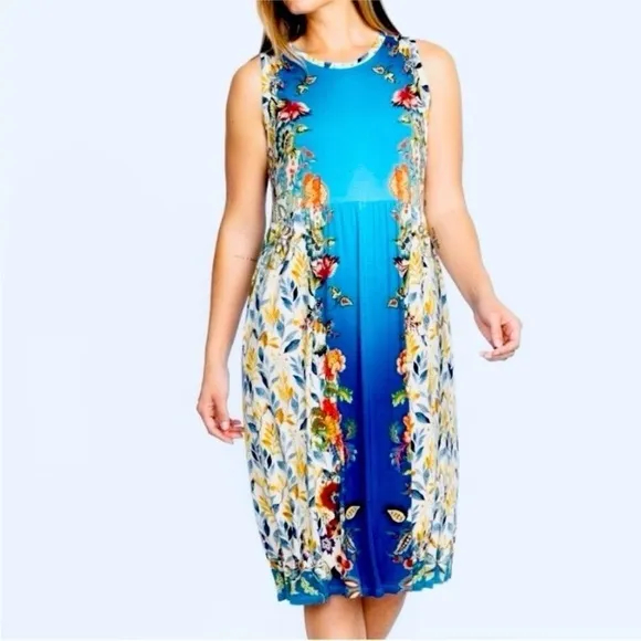 NEW Johnny Was Blu Easy Fit Tank Dress Soft Floral Ombre Blue Multicolor