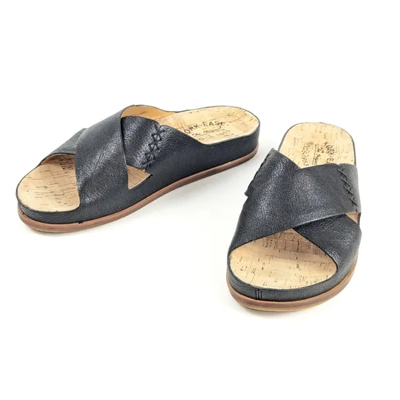 NEW Kork-Ease Amboy Pebbled Leather Criss Cross Slide Sandals Black Size 8