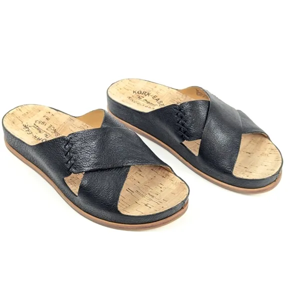 NEW Kork-Ease Amboy Pebbled Leather Criss Cross Slide Sandals Black Size 8