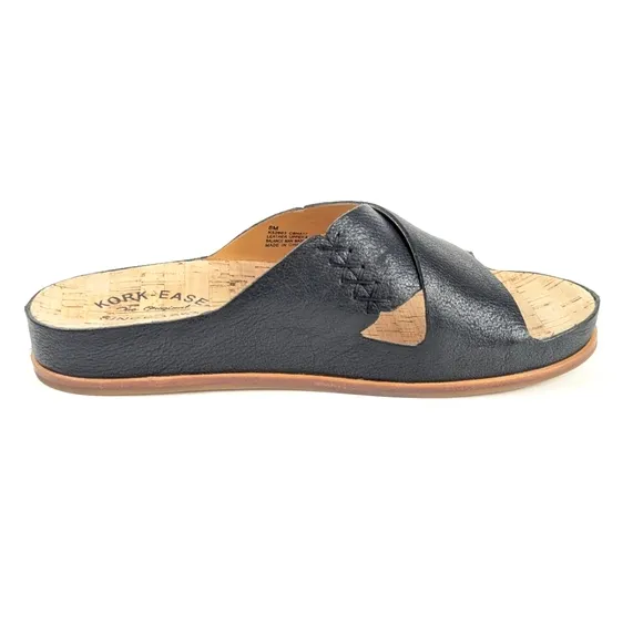 NEW Kork-Ease Amboy Pebbled Leather Criss Cross Slide Sandals Black Size 8