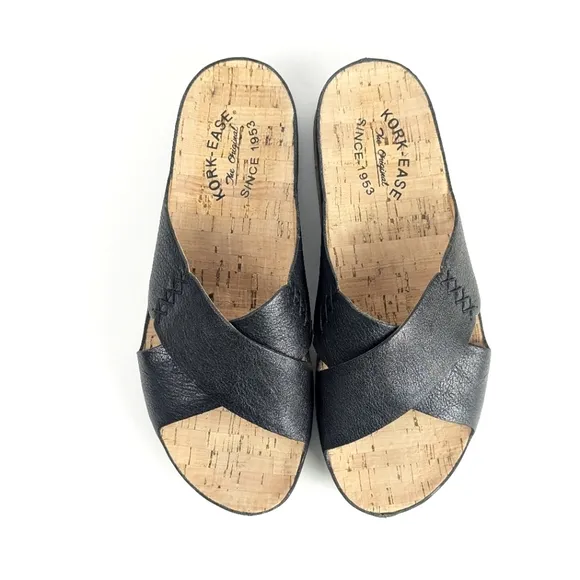NEW Kork-Ease Amboy Pebbled Leather Criss Cross Slide Sandals Black Size 8