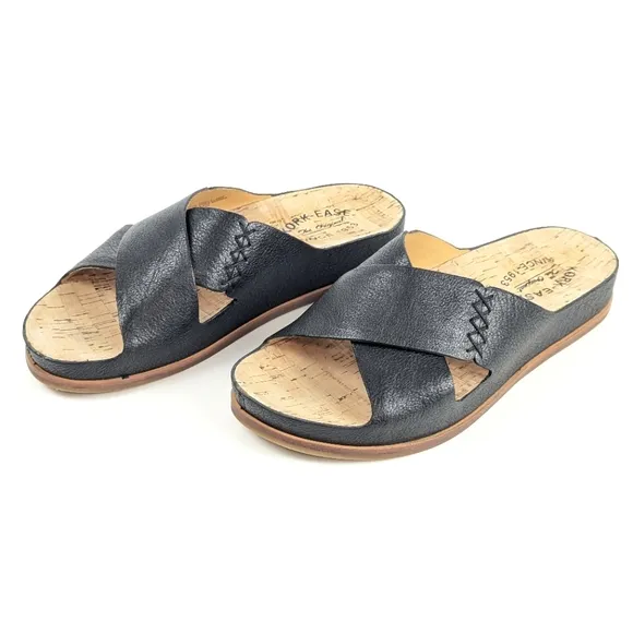 NEW Kork-Ease Amboy Pebbled Leather Criss Cross Slide Sandals Black Size 8