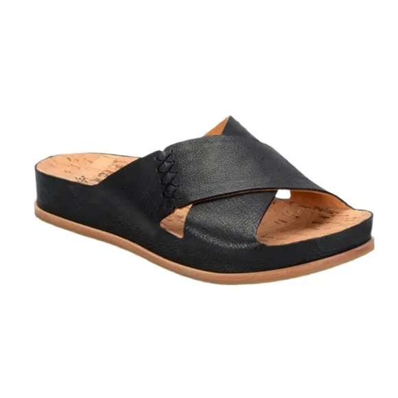 NEW Kork-Ease Amboy Pebbled Leather Criss Cross Slide Sandals Black Size 8