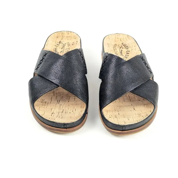 NEW Kork-Ease Amboy Pebbled Leather Criss Cross Slide Sandals Black Size 8