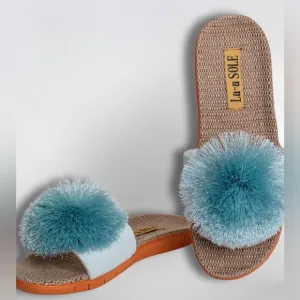 NEW! LA-a SOLE Seafoam Blue Fringe Playful Unique Pom Pom Sandals 8 9