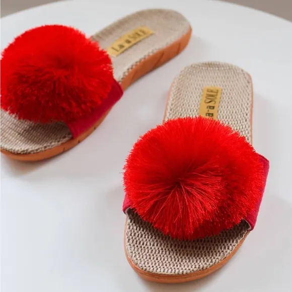 NEW! LA-a SOLE Seafoam Blue Fringe Playful Unique Pom Pom Sandals 8 9