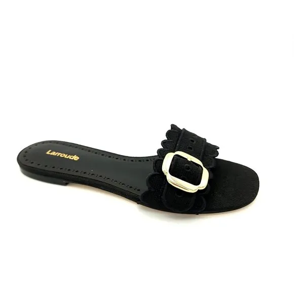NEW Larroude Ivy Broderie Flat Mule Sandals Womens 8.5 Rafia Chic Preppy Casual