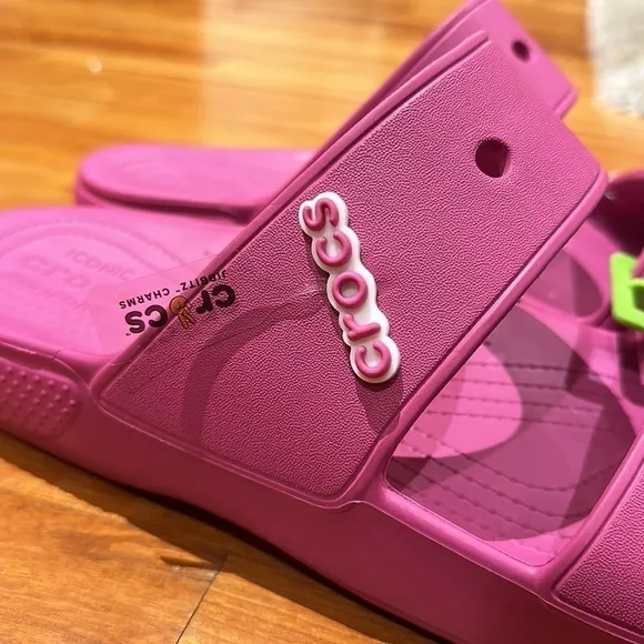 NEW MENS CROCS SLIDES SZ 14 PINK classic sandals with Charms