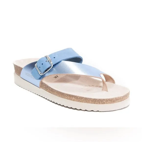 New! Mephisto Women's Helen Mix Leather Thong Sandals Sky Blue Sz 38 US 8 $159
