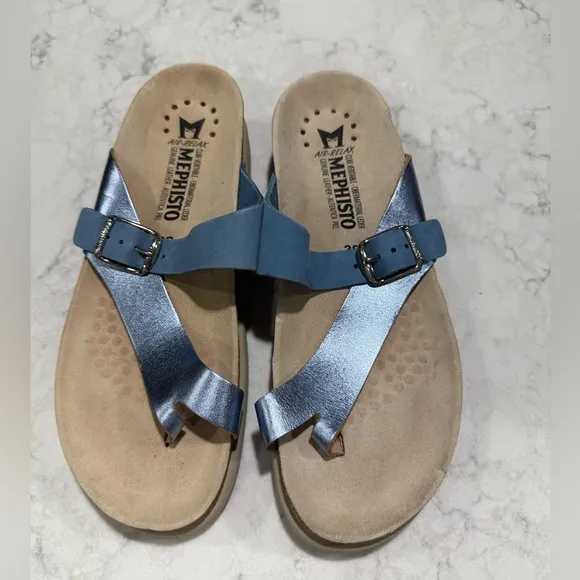 New! Mephisto Women's Helen Mix Leather Thong Sandals Sky Blue Sz 38 US 8 $159