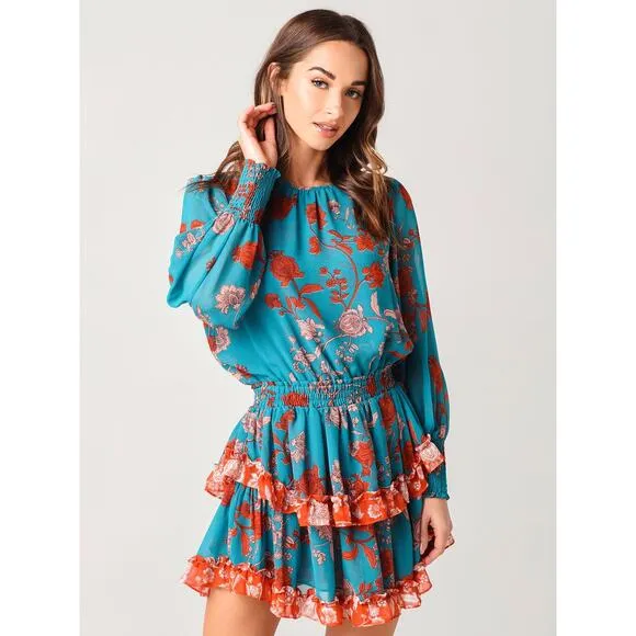 NEW MISA Camila Dress Talitha Paisley Combo Long Sleeve Ruffled Mini Dress Small