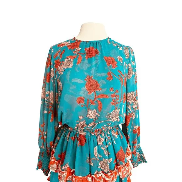 NEW MISA Camila Dress Talitha Paisley Combo Long Sleeve Ruffled Mini Dress Small