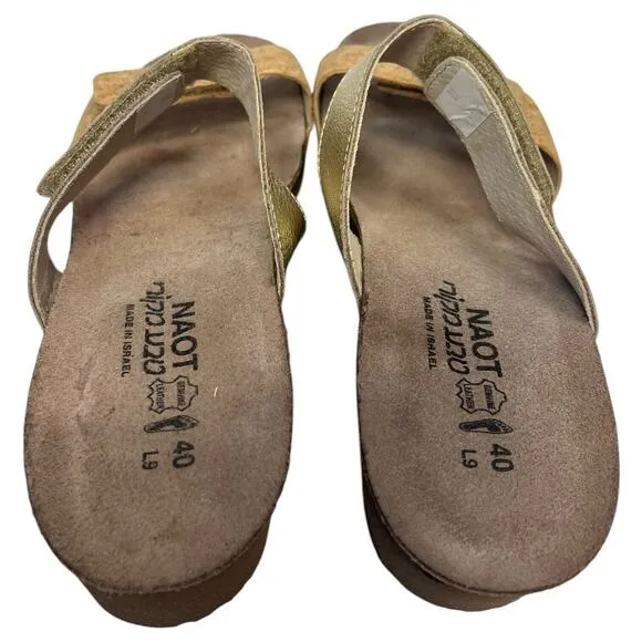 New Naot Sandals Womens 40 9 9.5 US Althea Leather Slip On Cork Strap Brown Gold