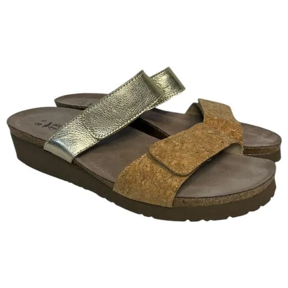 New Naot Sandals Womens 40 9 9.5 US Althea Leather Slip On Cork Strap Brown Gold