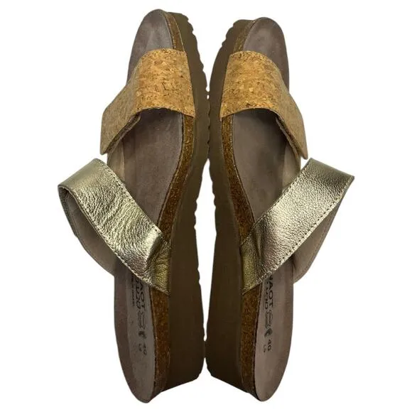 New Naot Sandals Womens 40 9 9.5 US Althea Leather Slip On Cork Strap Brown Gold