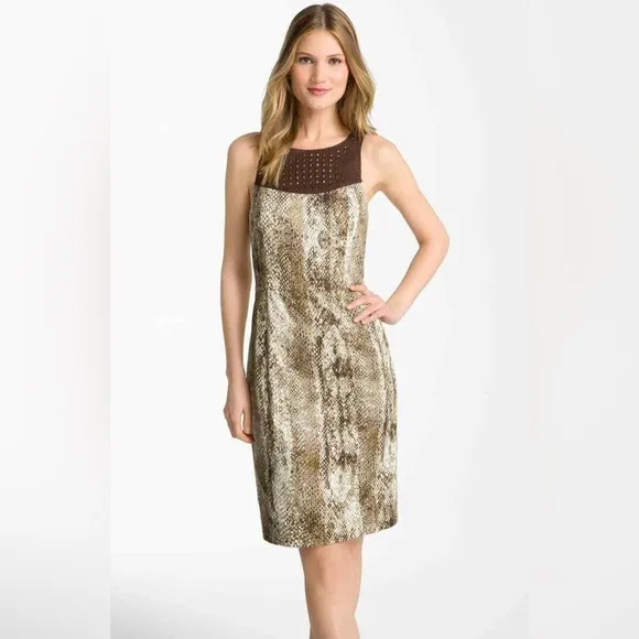 NEW Rachel Roy Snake Print Crochet Bib Sleeveless Sheath Brown Dress Women’s 2