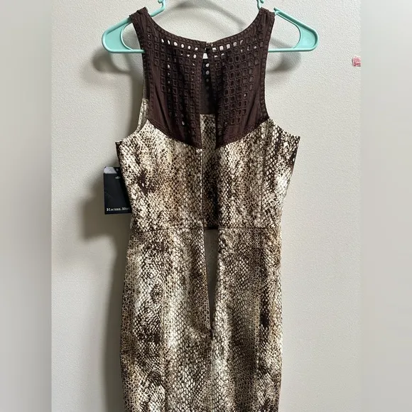 NEW Rachel Roy Snake Print Crochet Bib Sleeveless Sheath Brown Dress Women’s 2