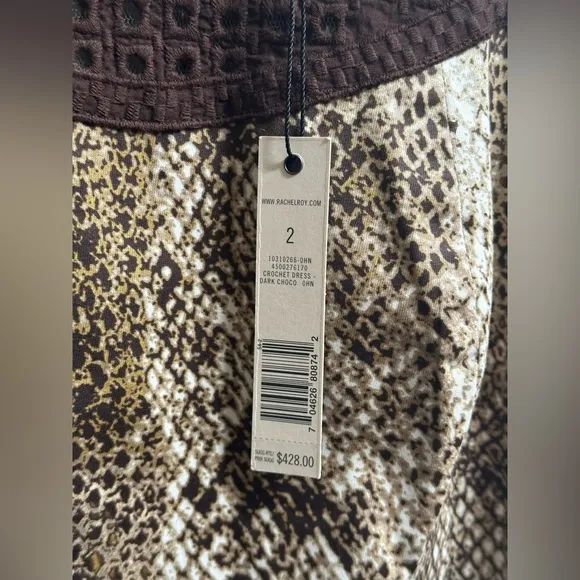 NEW Rachel Roy Snake Print Crochet Bib Sleeveless Sheath Brown Dress Women’s 2