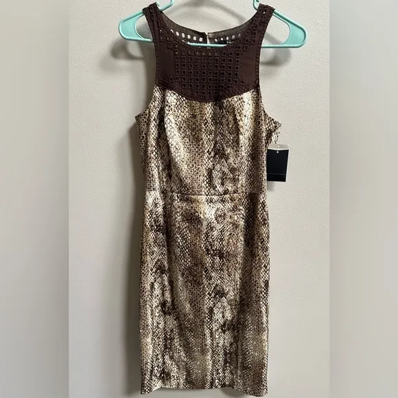 NEW Rachel Roy Snake Print Crochet Bib Sleeveless Sheath Brown Dress Women’s 2