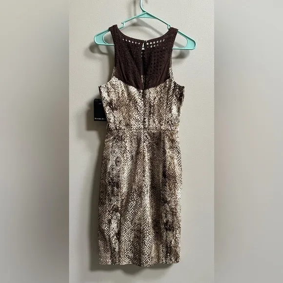 NEW Rachel Roy Snake Print Crochet Bib Sleeveless Sheath Brown Dress Women’s 2