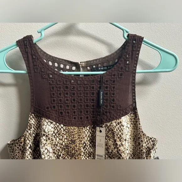 NEW Rachel Roy Snake Print Crochet Bib Sleeveless Sheath Brown Dress Women’s 2