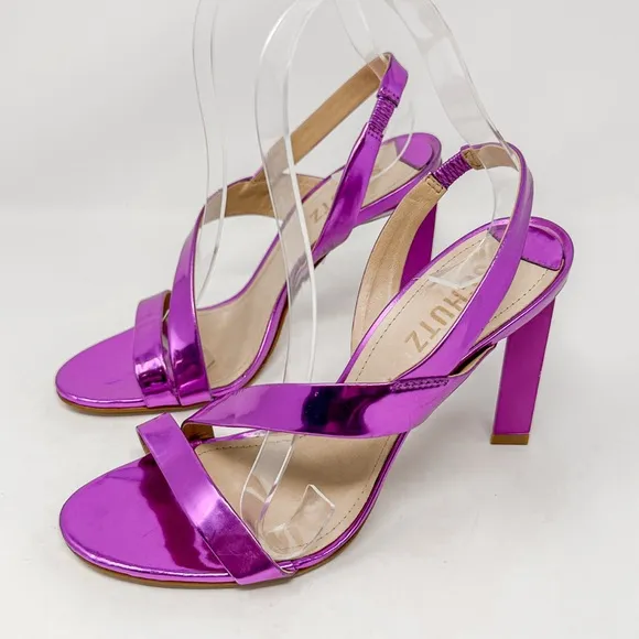 NEW Schutz Fuchsia Kelly Specchio Leather Strappy Sandal Heel Size 7, MSRP $118