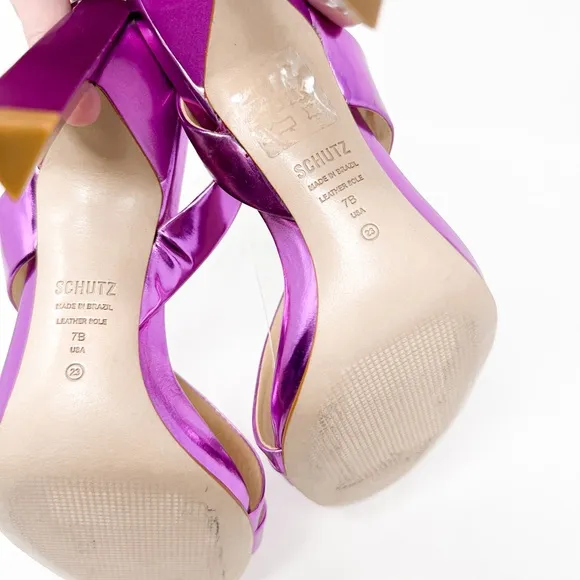 NEW Schutz Fuchsia Kelly Specchio Leather Strappy Sandal Heel Size 7, MSRP $118