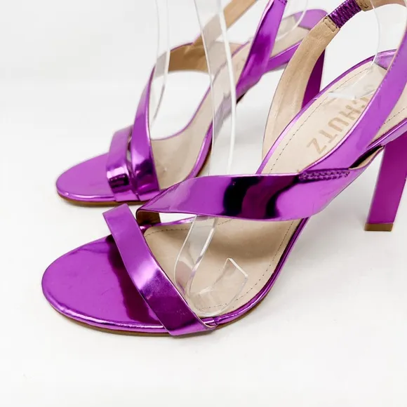 NEW Schutz Fuchsia Kelly Specchio Leather Strappy Sandal Heel Size 7, MSRP $118