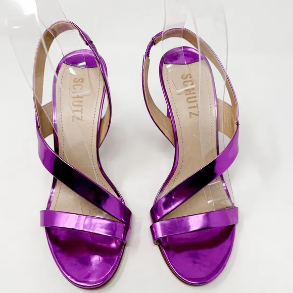 NEW Schutz Fuchsia Kelly Specchio Leather Strappy Sandal Heel Size 7, MSRP $118