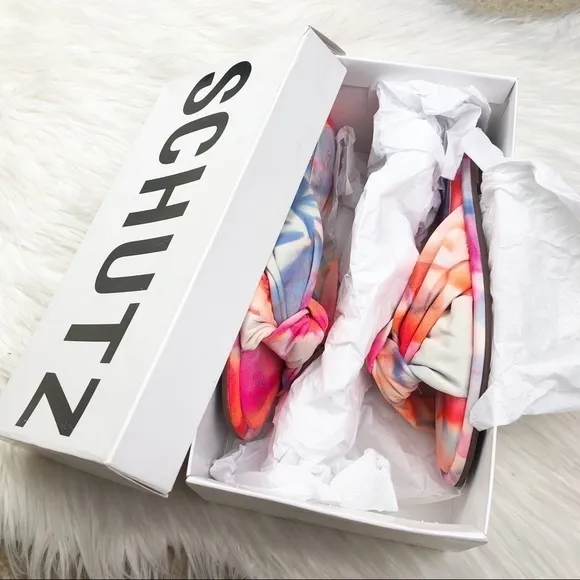 New Schutz Revolve Leny Tie Dye Leather Knotted Slide Sandals
