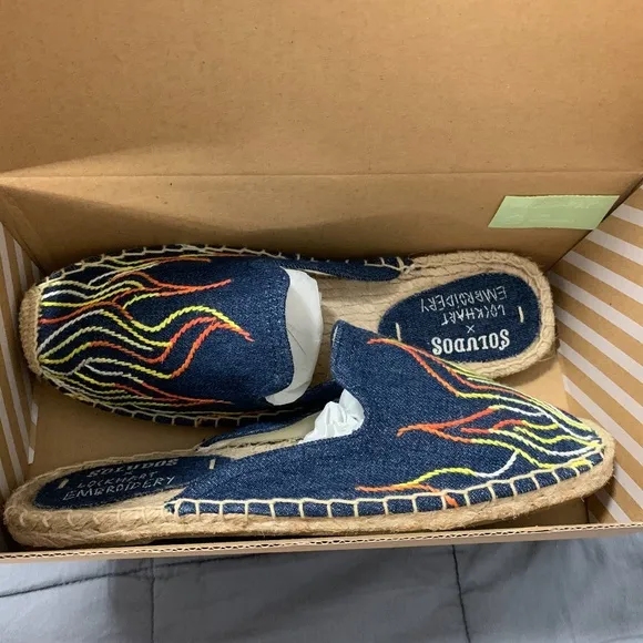 NEW Soludos stitched embroidered flame mules in dark denim Size 6
