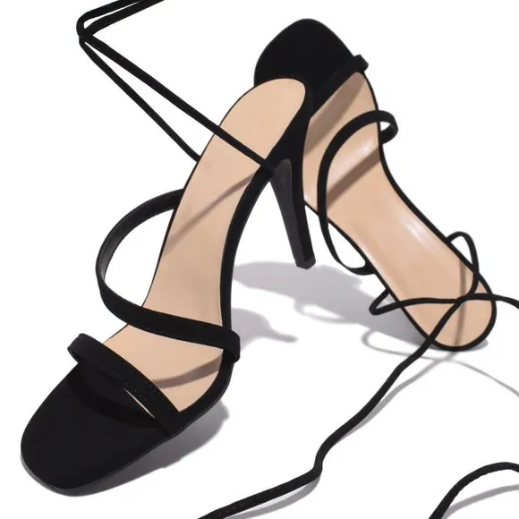 NEW Strappy Ankle Lace-Up High Stilettos Heel Barely There Sandals Shoes Black