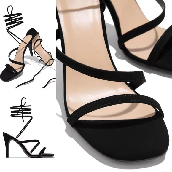 NEW Strappy Ankle Lace-Up High Stilettos Heel Barely There Sandals Shoes Black