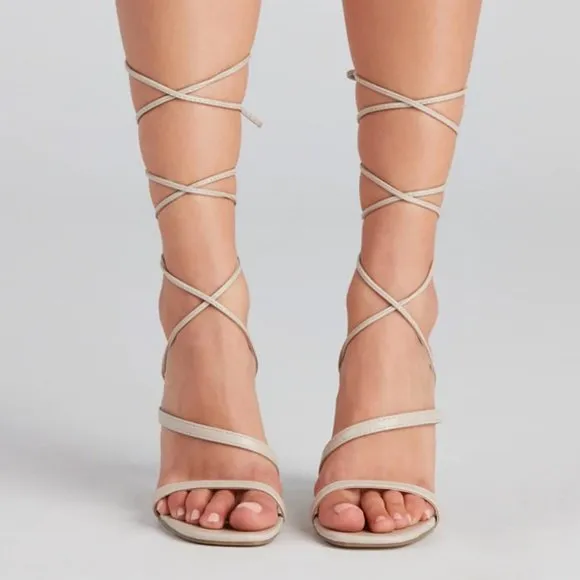 NEW Strappy Ankle Lace-Up High Stilettos Heel Barely There Sandals Shoes Bone