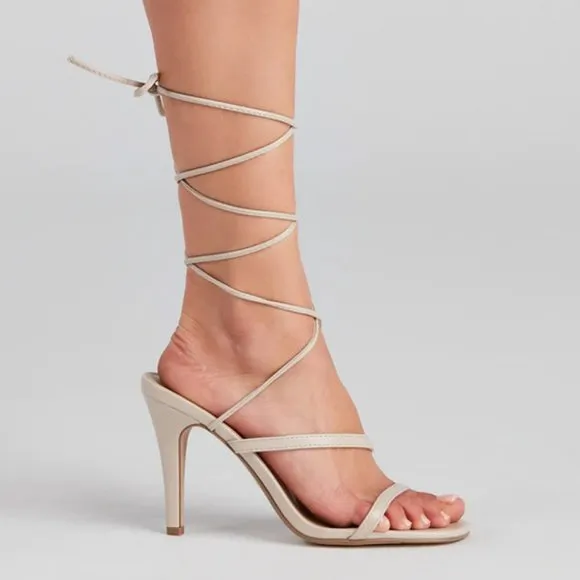 NEW Strappy Ankle Lace-Up High Stilettos Heel Barely There Sandals Shoes Bone