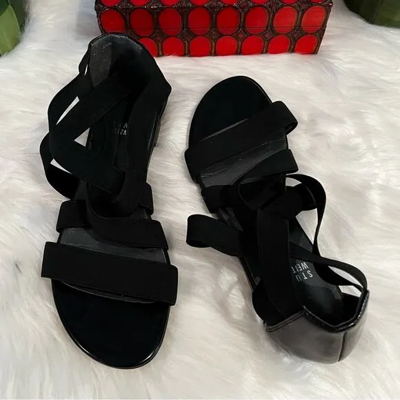 NEW Stuart Weitzman Crisscrossed Strap Ankle Flat Sandals Black Sz 5.5 NWOB