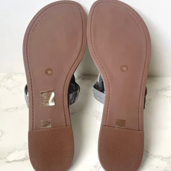 New Tory Burch Classic Patent Leather Miller Sandals Gray