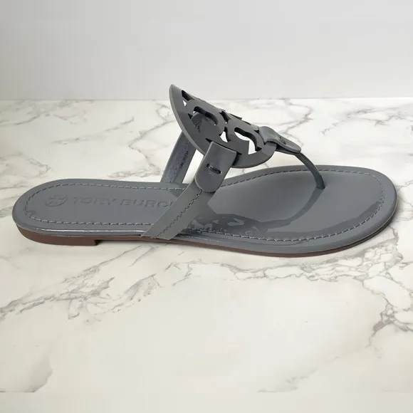 New Tory Burch Classic Patent Leather Miller Sandals Gray