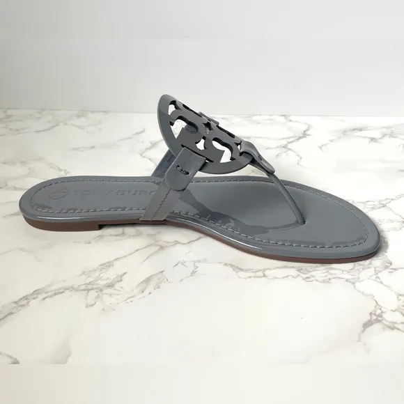 New Tory Burch Classic Patent Leather Miller Sandals Gray