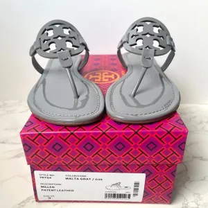 New Tory Burch Classic Patent Leather Miller Sandals Gray