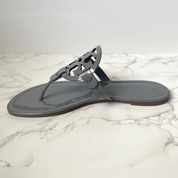 New Tory Burch Classic Patent Leather Miller Sandals Gray