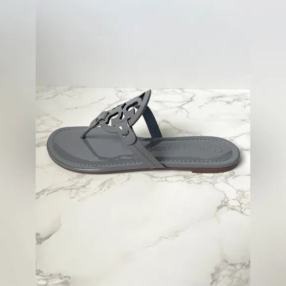New Tory Burch Classic Patent Leather Miller Sandals Gray