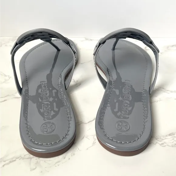 New Tory Burch Classic Patent Leather Miller Sandals Gray
