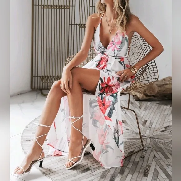 New Tropical Floral Wrap Tie Maxi Dress Split Leg Deep Plunge White Red