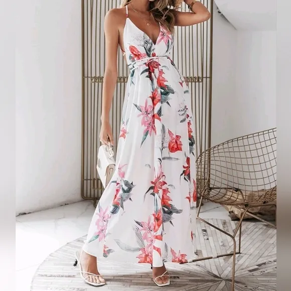New Tropical Floral Wrap Tie Maxi Dress Split Leg Deep Plunge White Red