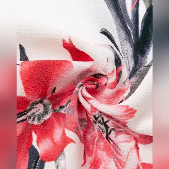 New Tropical Floral Wrap Tie Maxi Dress Split Leg Deep Plunge White Red