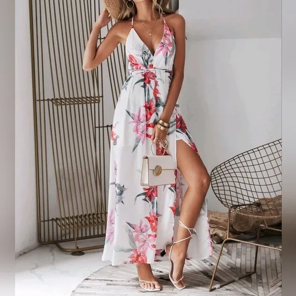 New Tropical Floral Wrap Tie Maxi Dress Split Leg Deep Plunge White Red