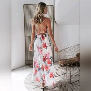 New Tropical Floral Wrap Tie Maxi Dress Split Leg Deep Plunge White Red