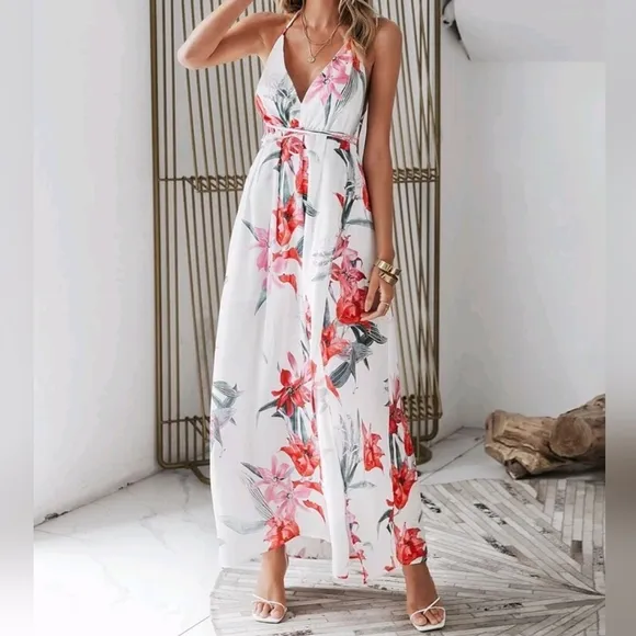 New Tropical Floral Wrap Tie Maxi Dress Split Leg Deep Plunge White Red
